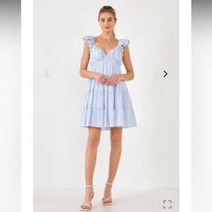ENGLISH FACTORY medium gingham printed blue & white tiered mini dress